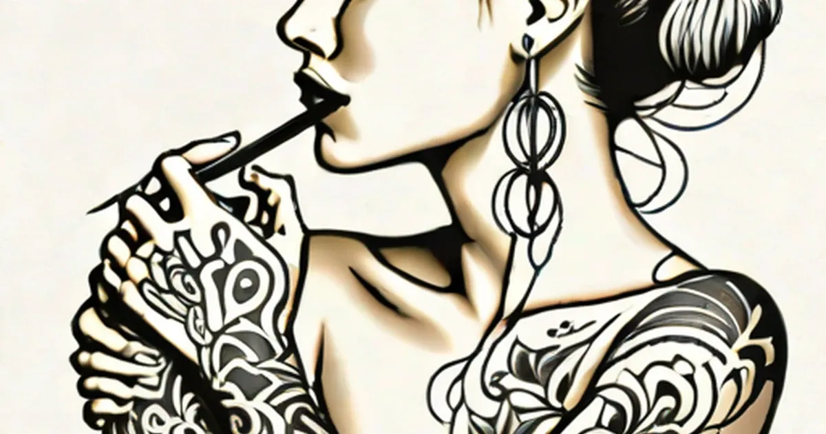 Person with elaborate black tattoos on arm and shoulder, holding tattoo needle