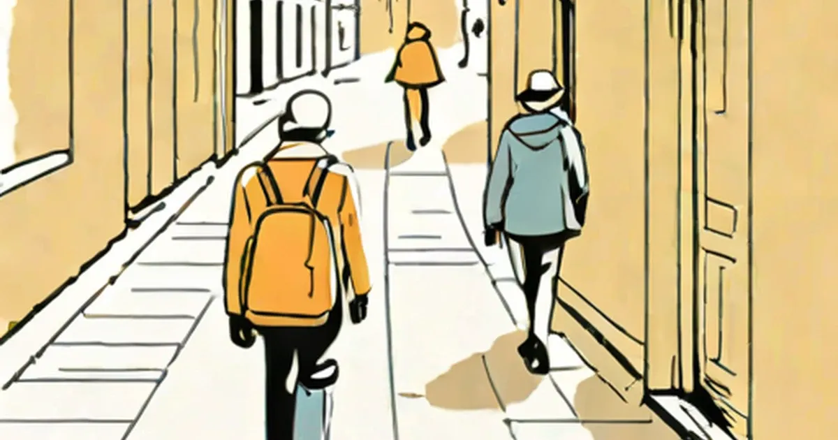 Illustration of people walking down a hallway