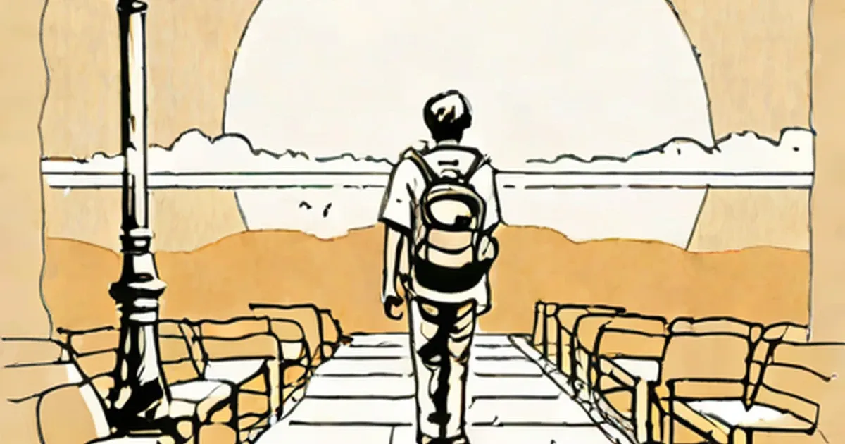 Person with backpack walking down railroad tracks into the distance