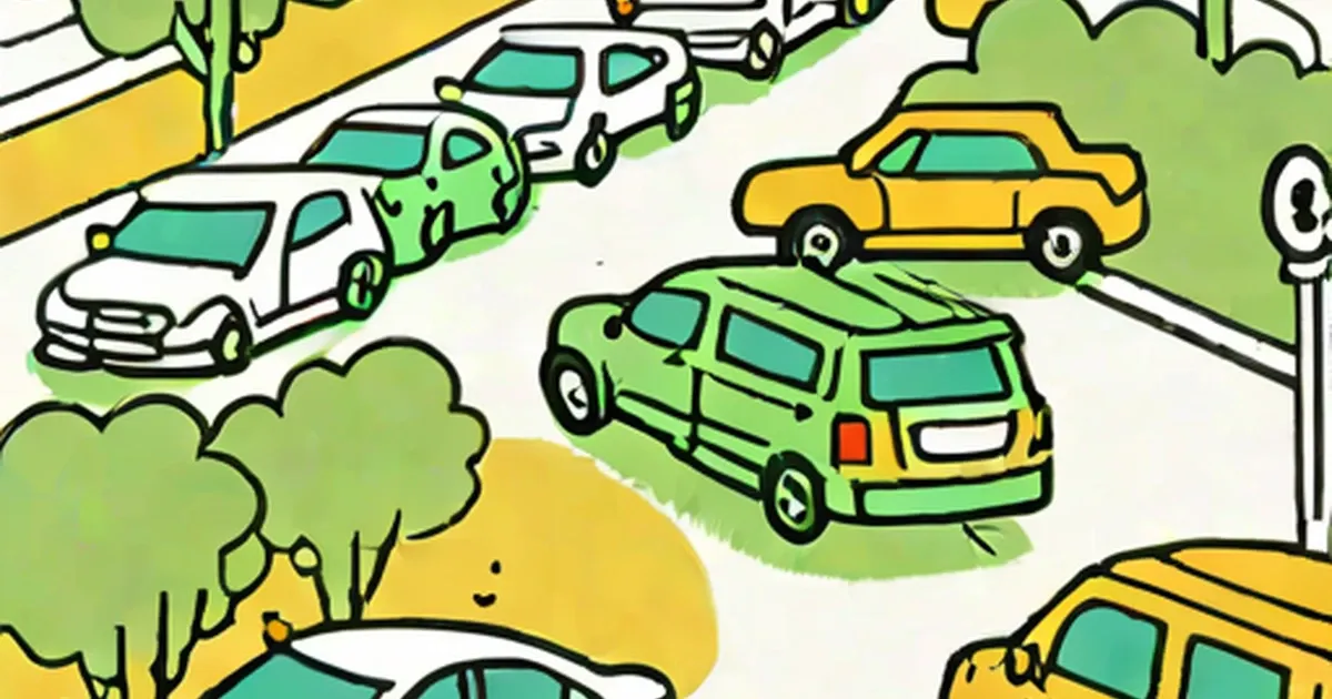 Green van with passengers among other cars on a tree-lined street