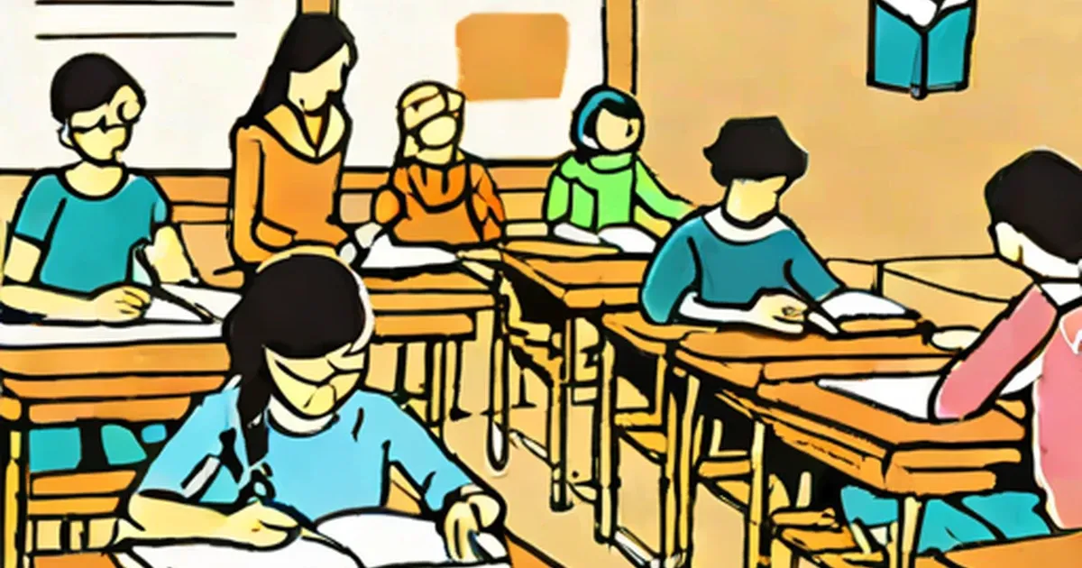 A classroom with students seated at wooden desks and a teacher instructing