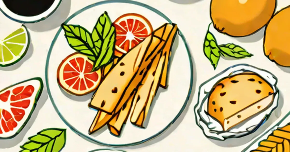 Illustrated food arrangement with citrus slices, french fries, taco, and condiment bowl