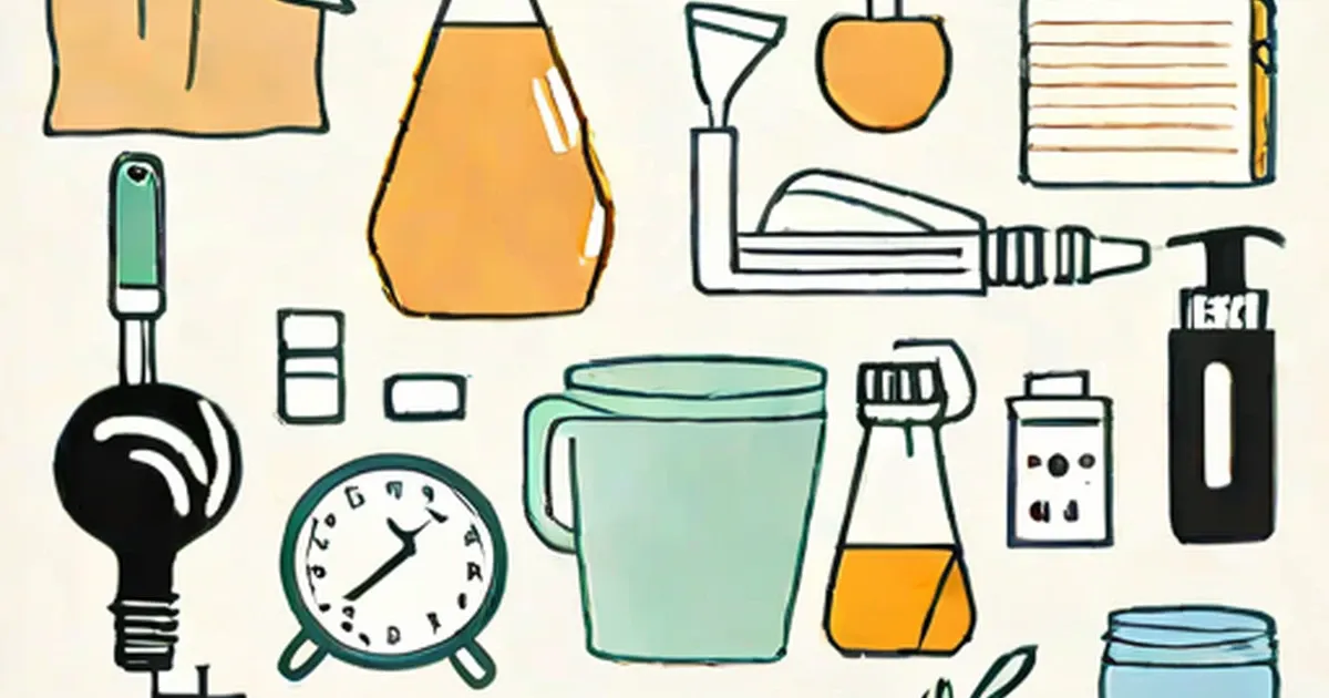 Health and wellness illustrations including dumbbells, pills, water, and measuring tape