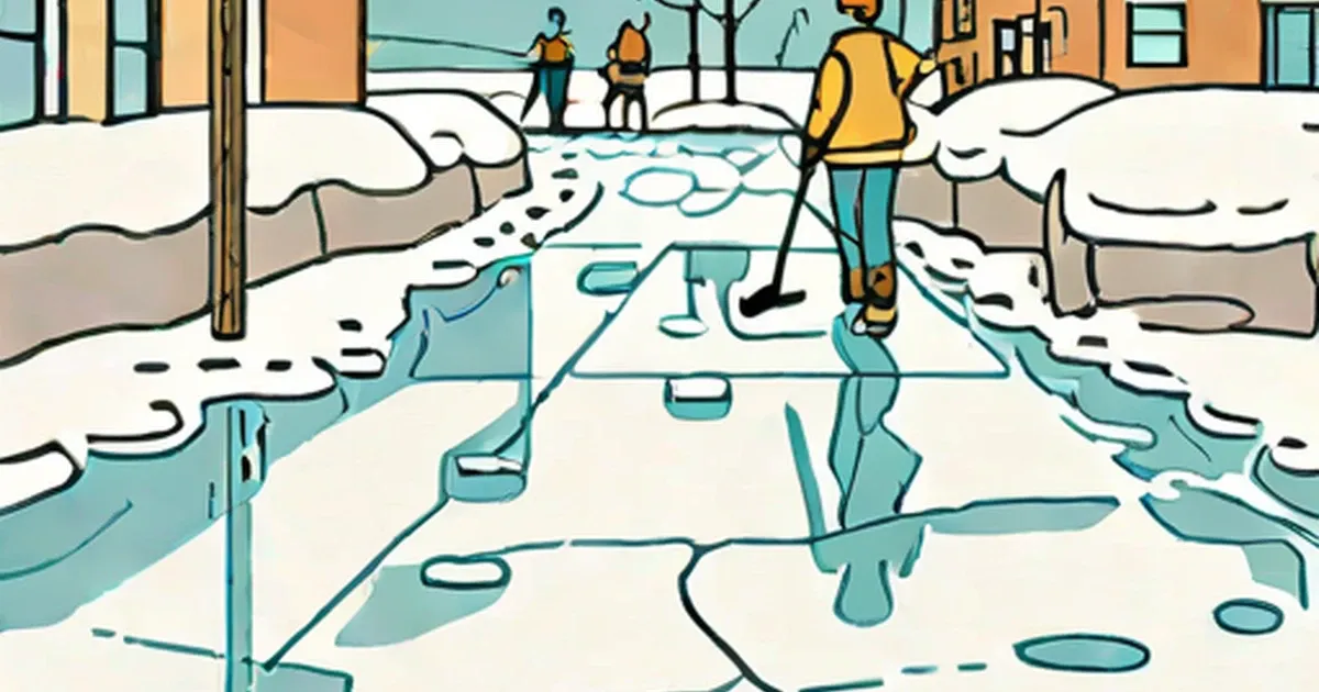 People on patches of ice and snow in a winter landscape