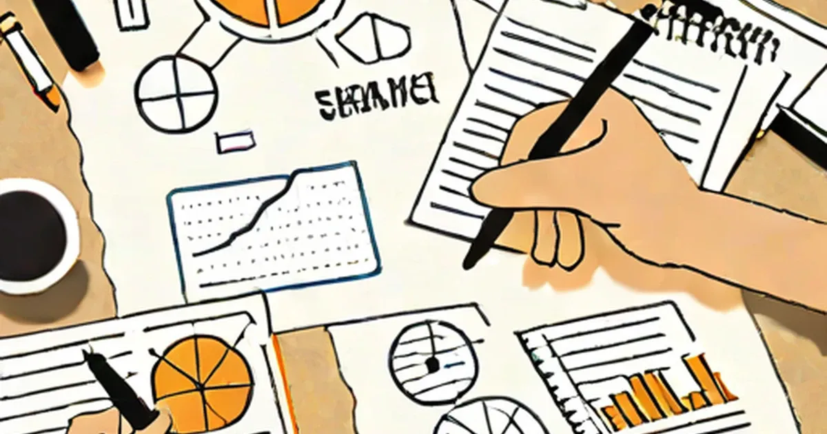 Hand holding a pen, writing on papers surrounded by pie charts and bar graphs