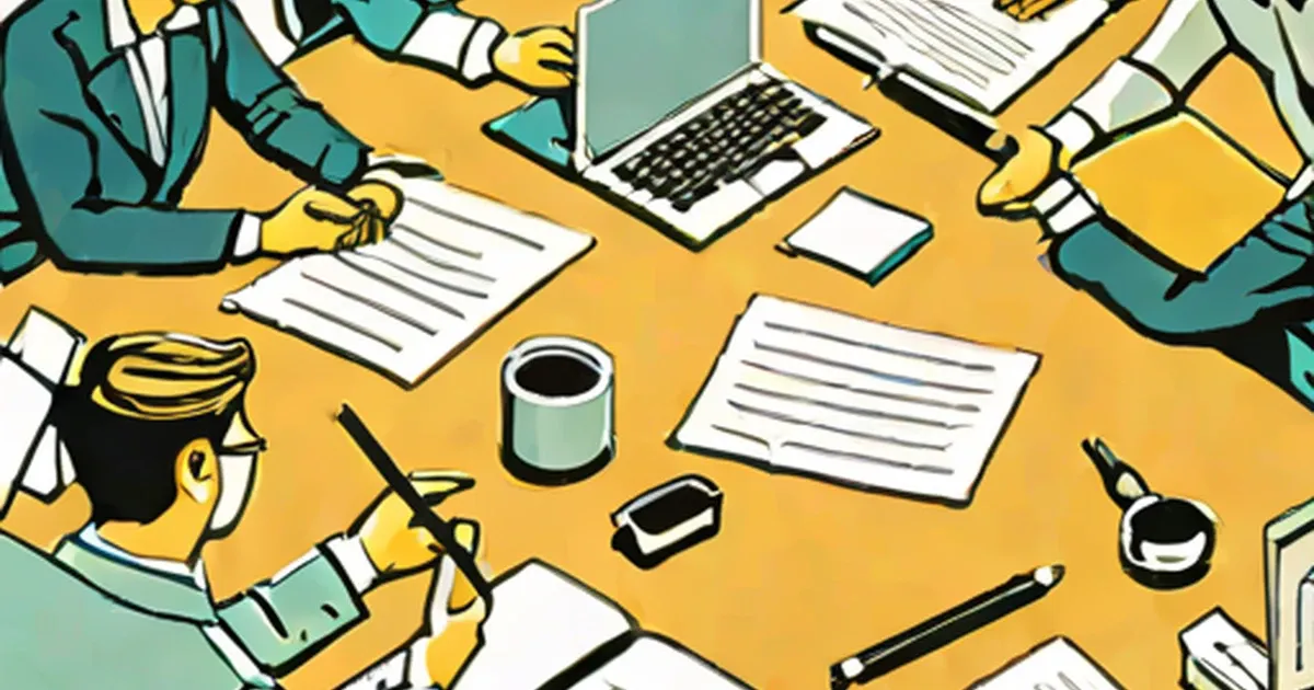 Several people wearing teal work together at a yellow table with laptops, documents, and office supplies