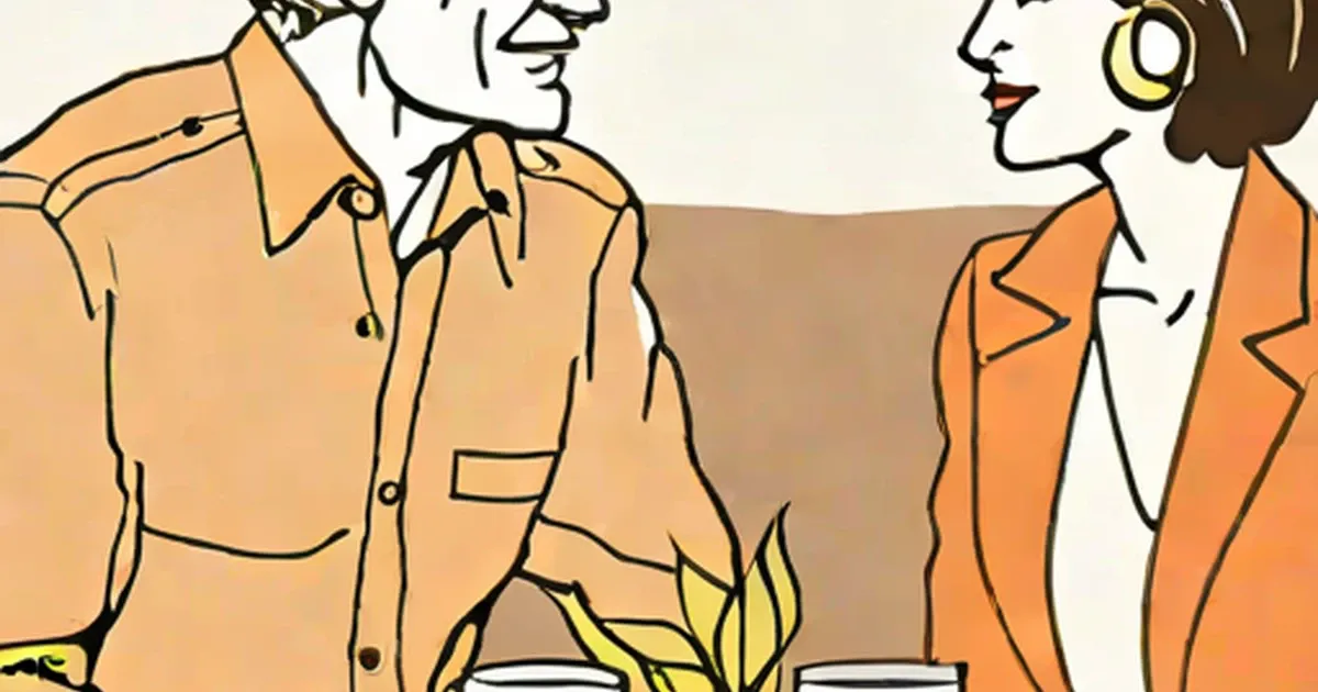 Woman in orange blazer and older man facing each other
