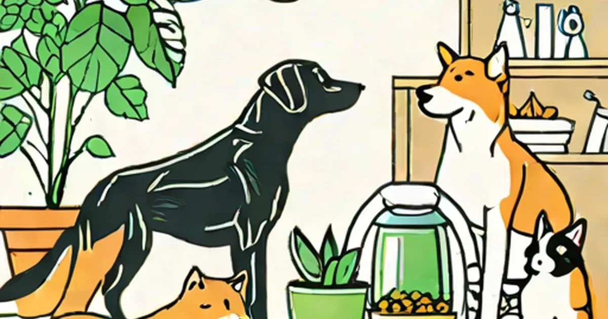 Black dog, orange dog, two cats, potted plants, and a bottle of green liquid