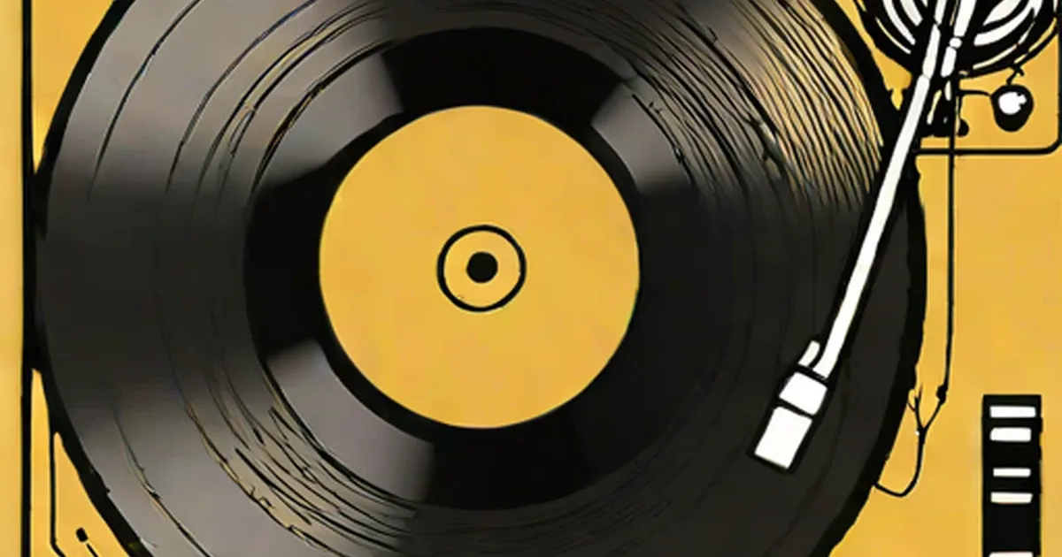 Vinyl record with yellow center label and tonearm on yellow background