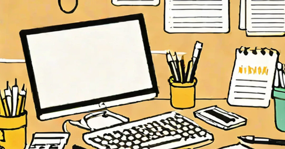 Illustrated desk workspace with monitor, keyboard, and writing supplies on a yellow background