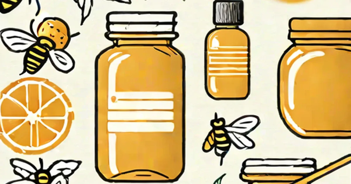 Glass jars of honey with bees and citrus fruits on cream background