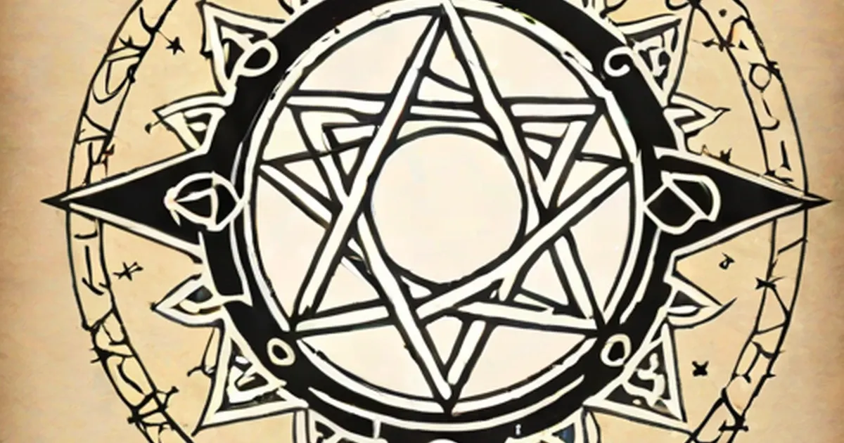 Pentagram surrounded by crescent moons and geometric line patterns