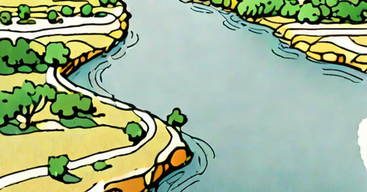 Illustrated cross-section of the Amazon River with vegetation-lined banks