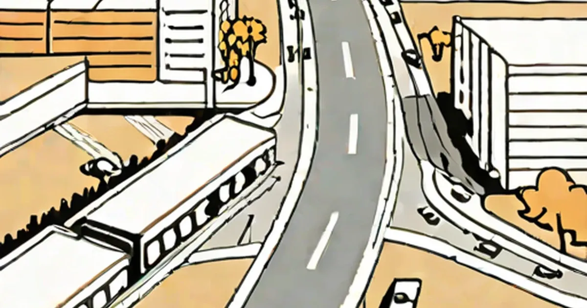 An overhead view of a massive, multi-lane highway surrounded by buildings and vehicles