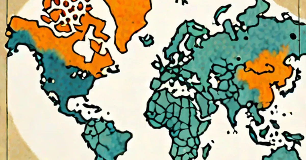 Retro world map with teal and orange colored continents
