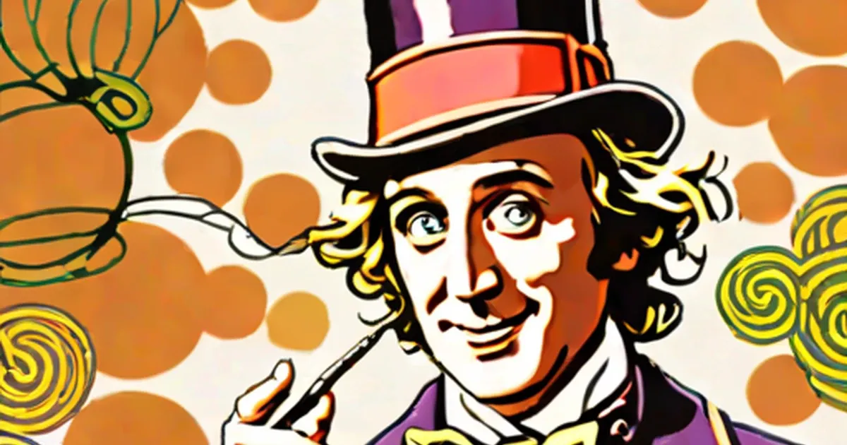 Man in ornate top hat with yellow curly hair pointing a cane, surrounded by lollipops and circles