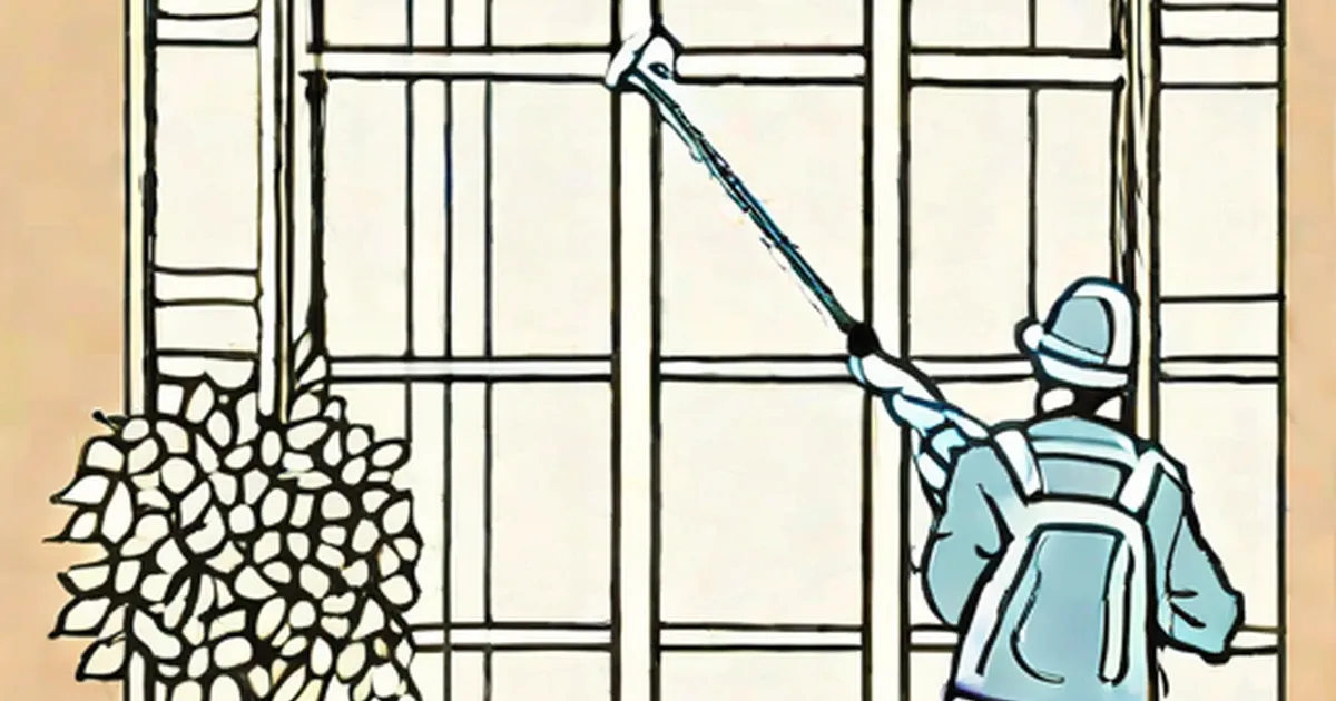 Person using a squeegee to clean multi-pane windows with ivy vines on the left