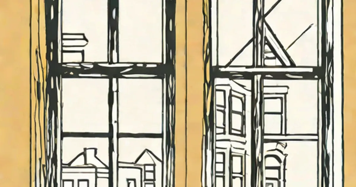 Two multi-pane windows drawn in black line art with buildings visible through the glass panes