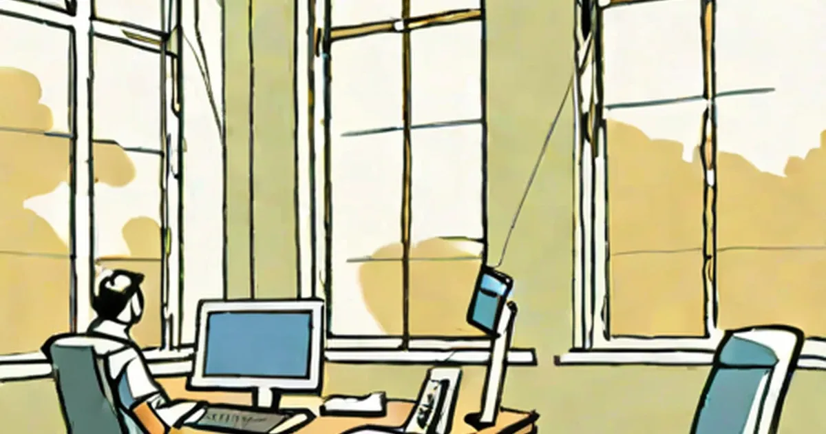 Illustration of bright office workspace with computers and mobile devices