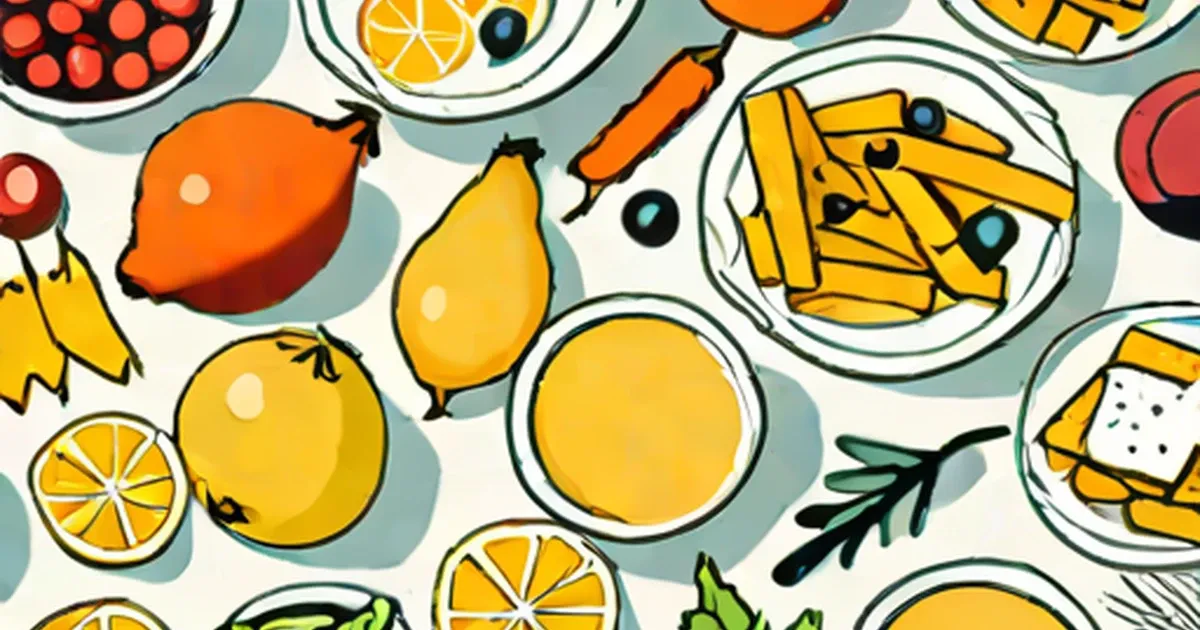 Illustrated winter foods: lemons, oranges, pasta, berries, crackers, and rosemary