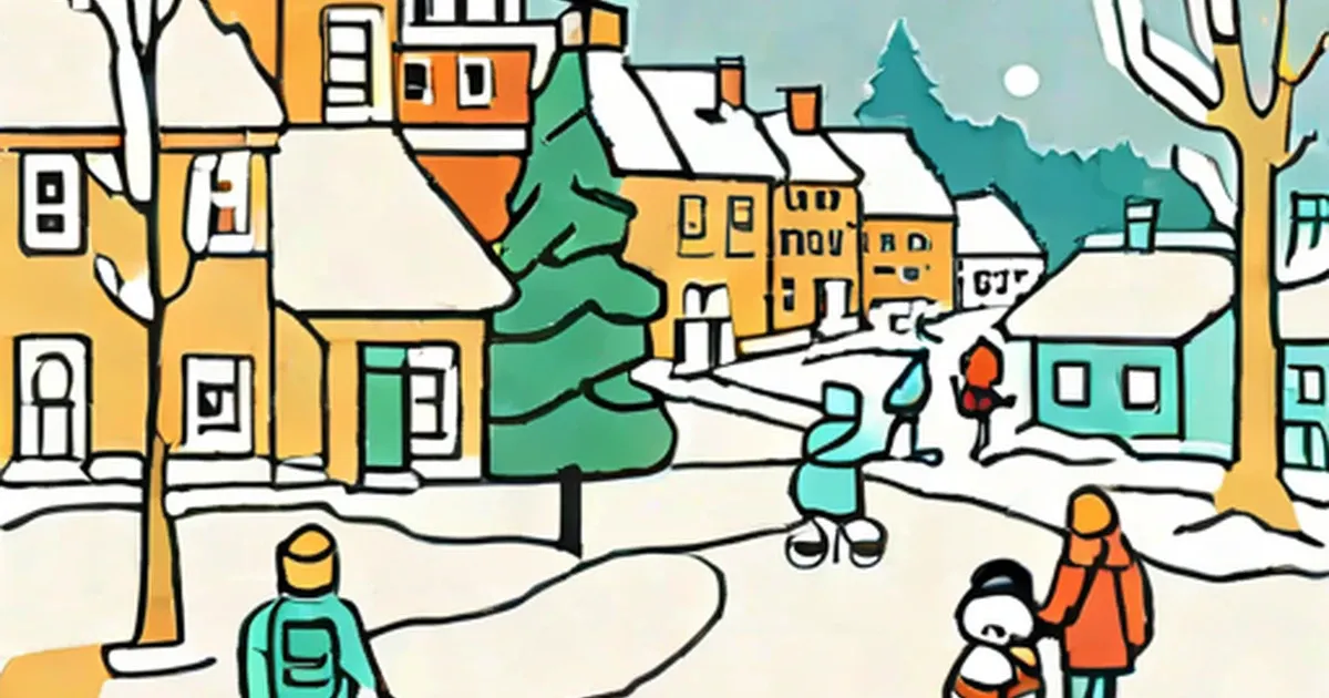 Colorful cartoon village blanketed in snow with evergreen trees and people in winter clothes