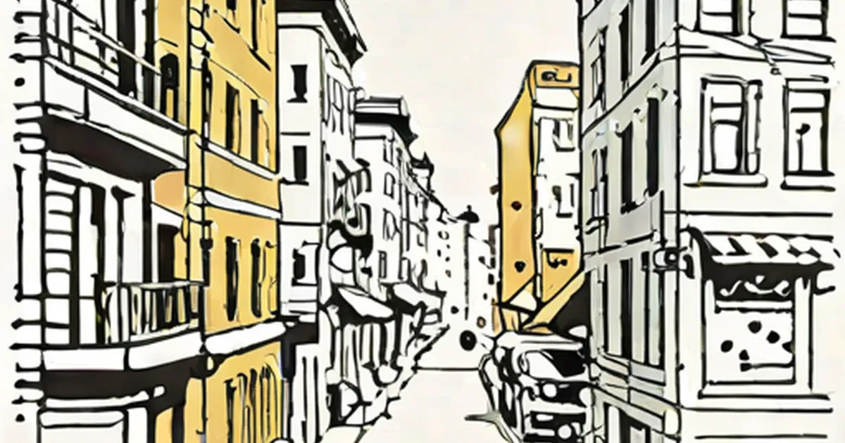 Sketch-style illustration of an urban street with yellow and white buildings