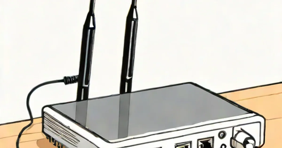 White and gray router with two black antennas on wooden surface