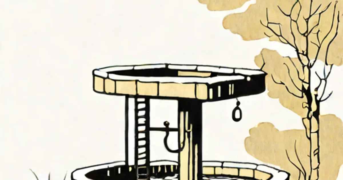 Wishing well with rope and bucket beside a golden tree