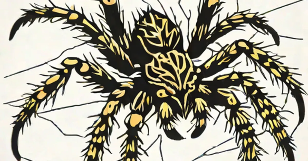 Wolf spider with black body and yellow markings on hairy legs, viewed from above