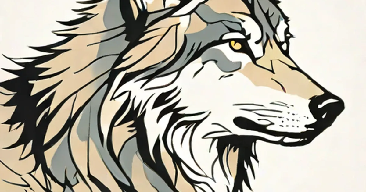 Stylized wolf head in profile with gray tones and yellow eye