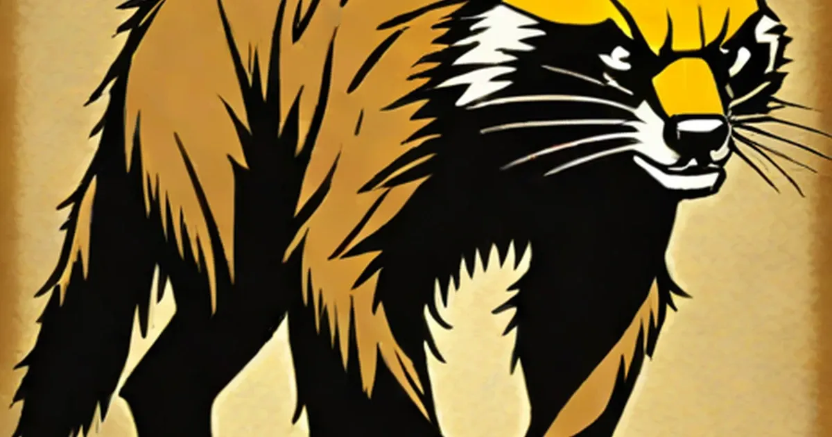 Illustrated wolverine with black fur, tan markings, and fierce expression