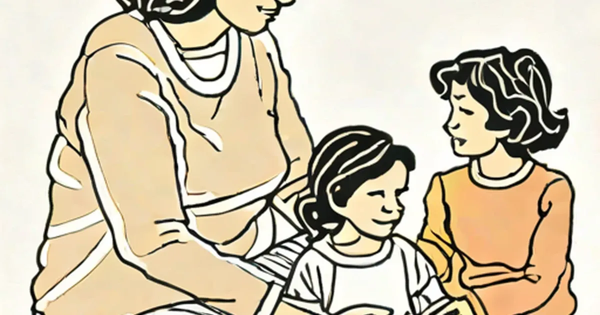 Woman with two children in line illustration