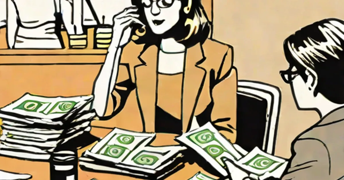 Woman in gold blazer examines stacks of cash on desk