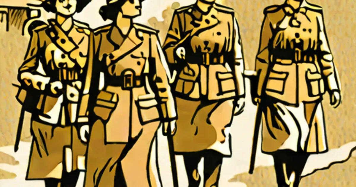 Women in khaki World War One military uniforms depicted in a stylized illustration