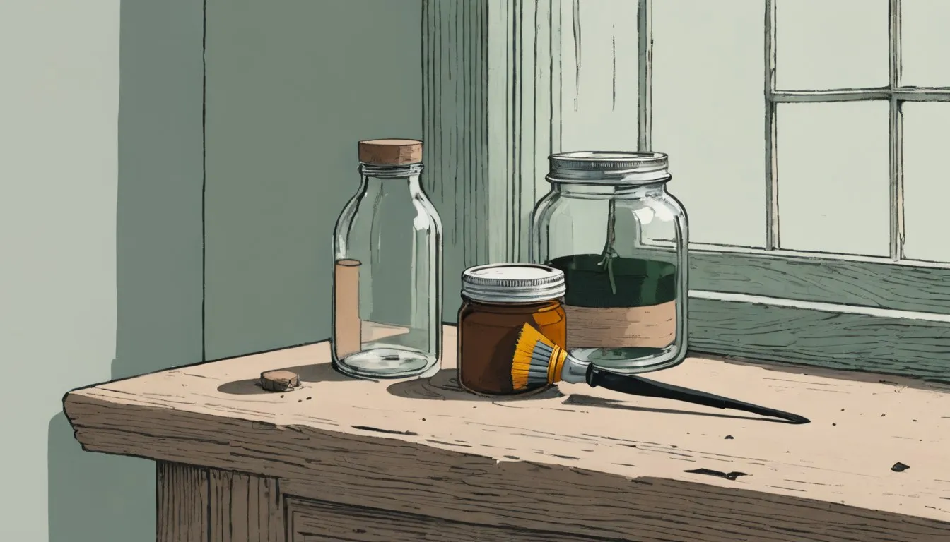 A screwdriver testing a soft, rotted patch on a wooden windowsill beside a jar of wood hardener.