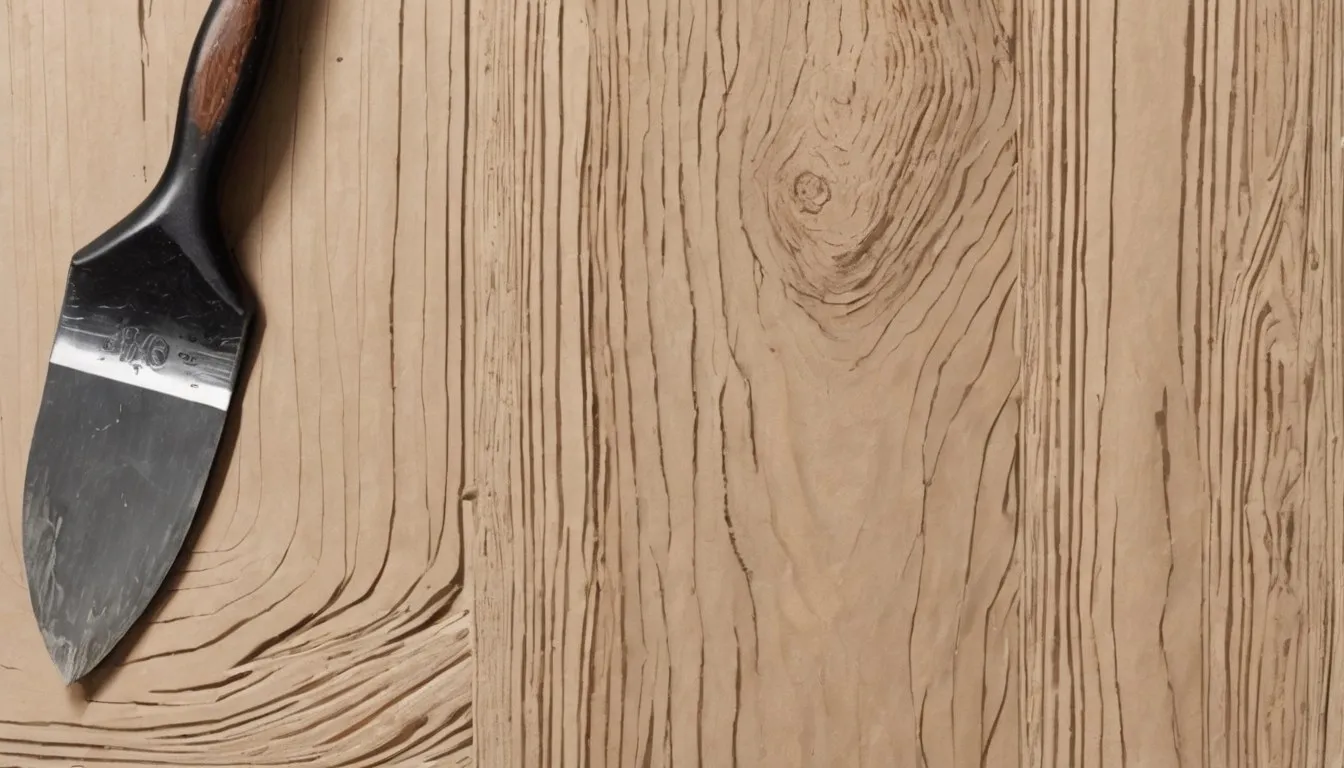 Putty knife pressing wood filler into a hollowed-out section of rotted wood beside a can of hardener