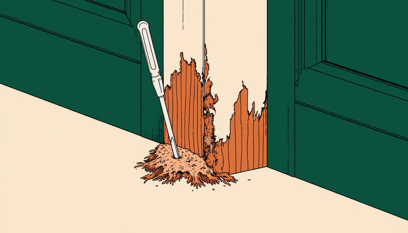 A screwdriver probes a soft, crumbling patch of wood rot on an exterior windowsill corner