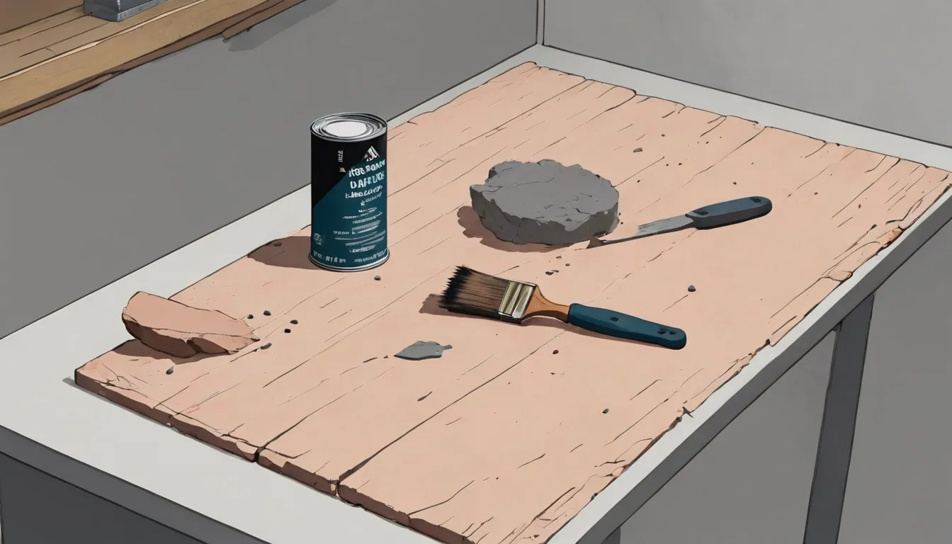Chiseled-out rotted wood beside epoxy putty, a hardener can, and a putty knife used for wood rot repair