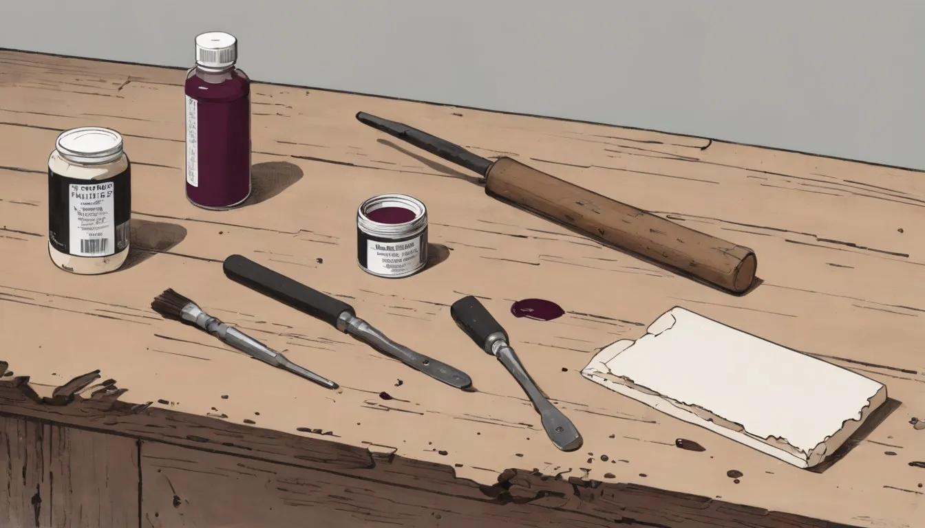 Wood hardener, epoxy putty, and borate treatment arranged beside a screwdriver testing rotted wood