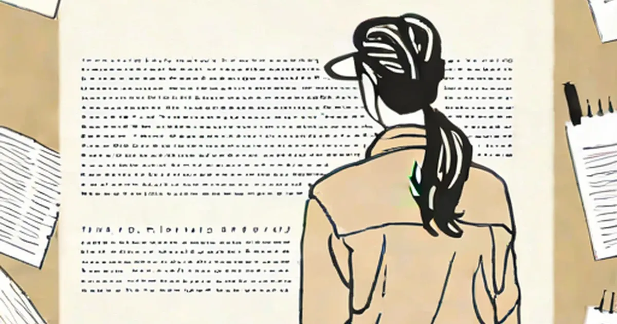 Person with dark hair reading documents surrounded by text