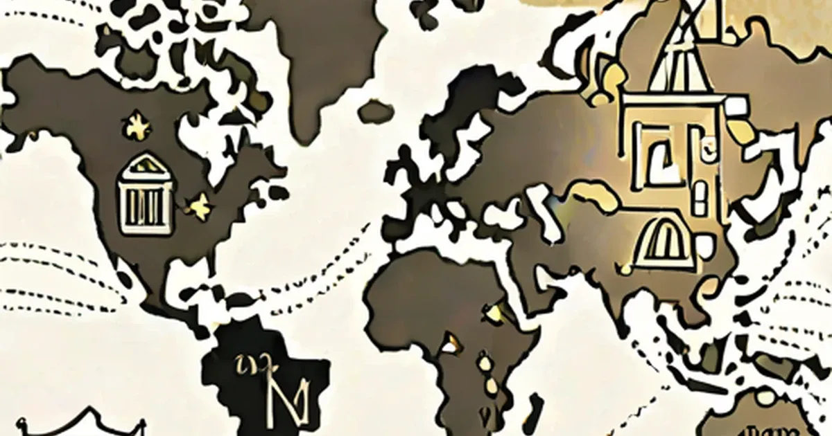 Stylized map of world continents with illustrated landmark buildings