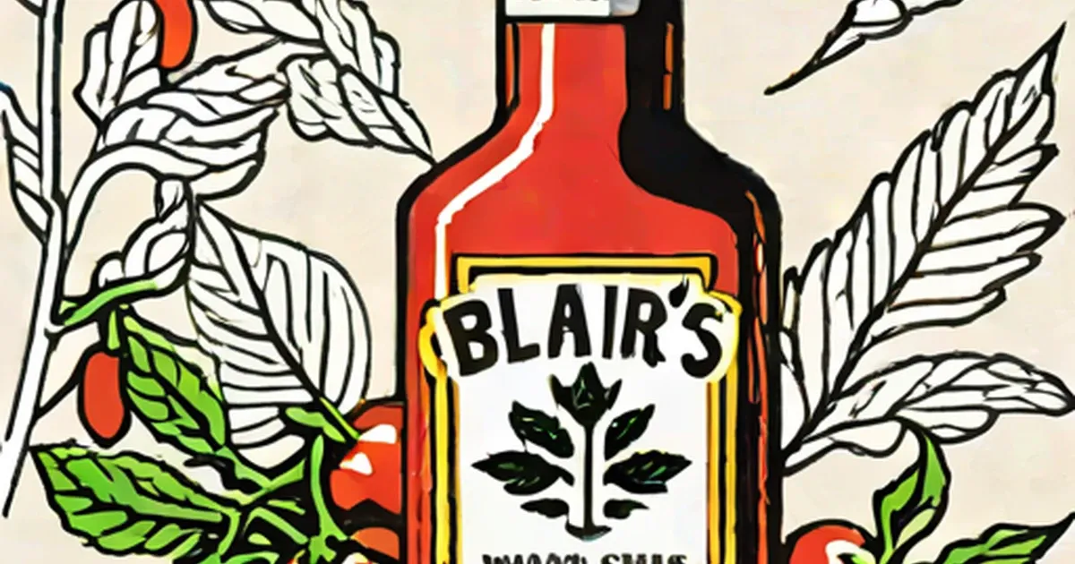 Red bottle of Blair’s hot sauce with decorative chili and leaf illustrations