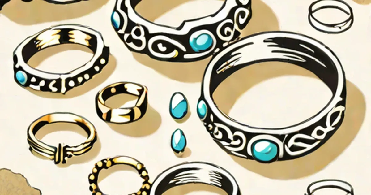 Ornate rings and bracelets decorated with turquoise stones and metal detailing