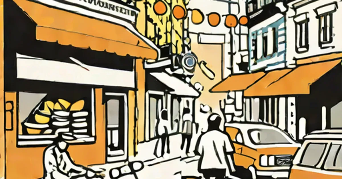 Illustrated street food vendors with orange awnings serving customers in an urban market
