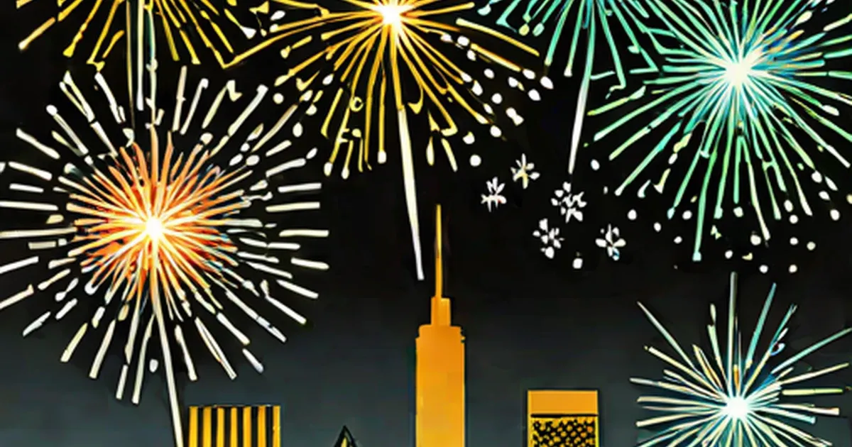 Fireworks exploding above a cityscape silhouetted in darkness