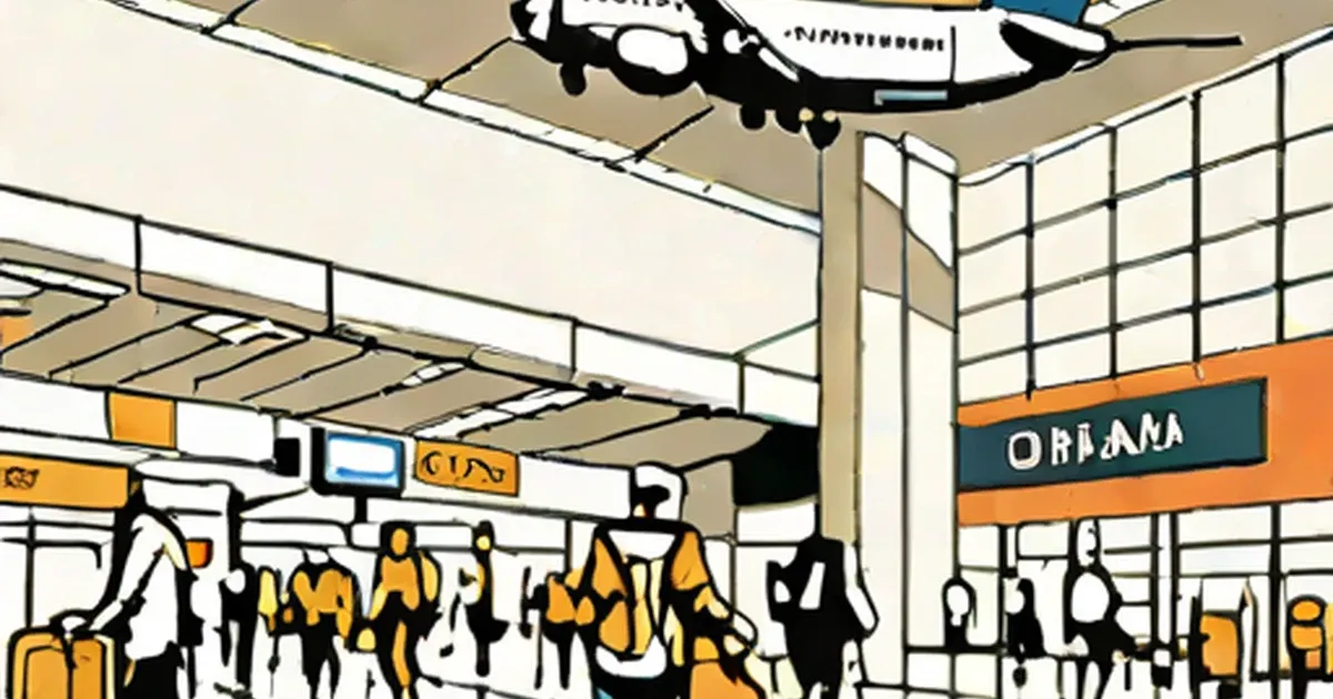 Illustrated airport terminal with aircraft mounted on ceiling and passengers below