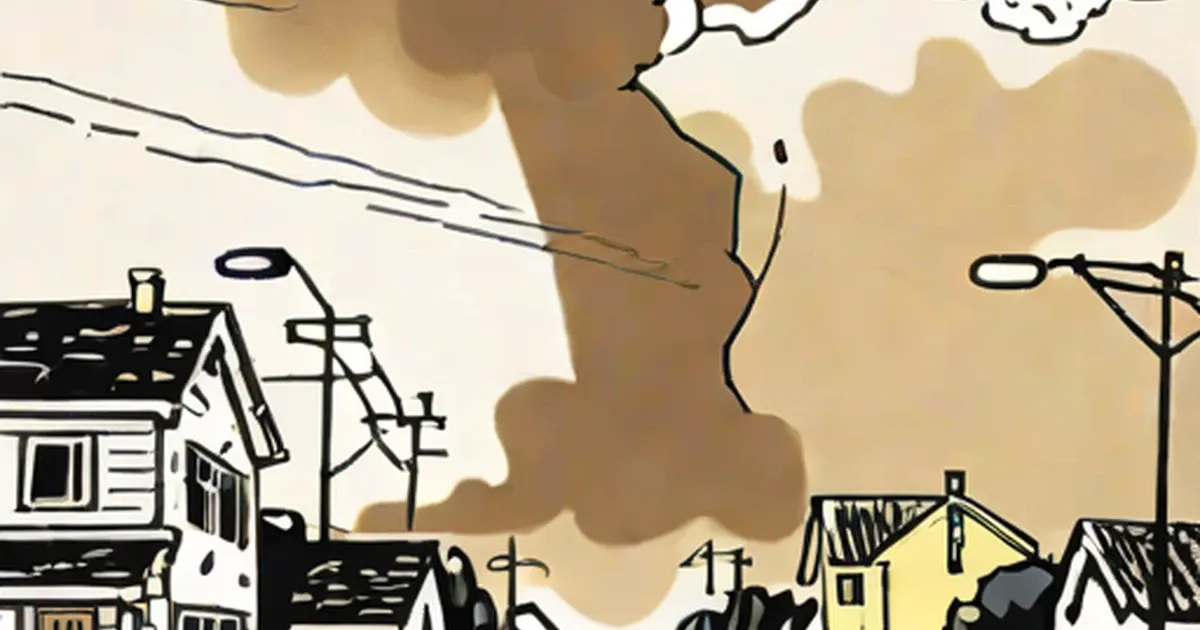 Line drawing of houses and power lines beneath dark, swirling clouds