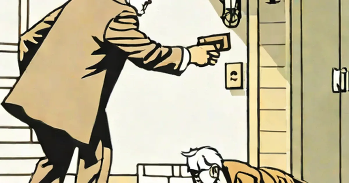 Cartoon illustration of a burglar pointing a gun at an elderly man at a doorway