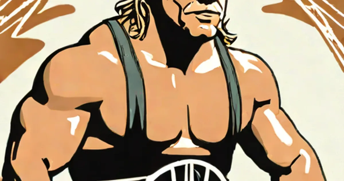 Rob Van Dam illustrated as shirtless wrestler in black mask and gray chest straps