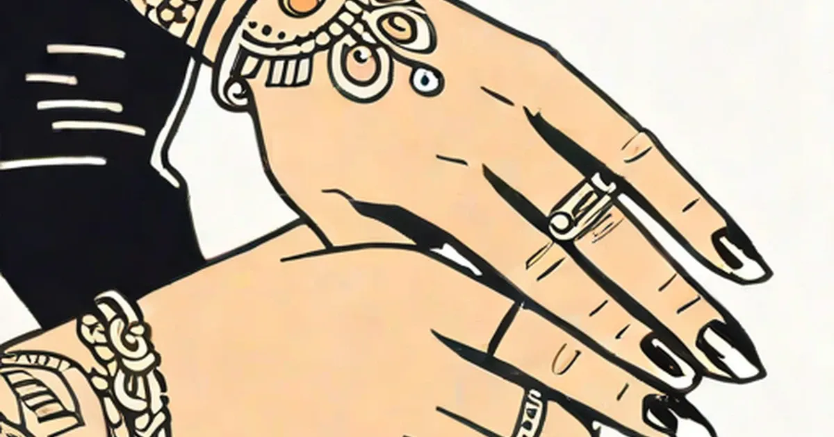 Illustrated hand with black nails and ornamental wrist tattoo